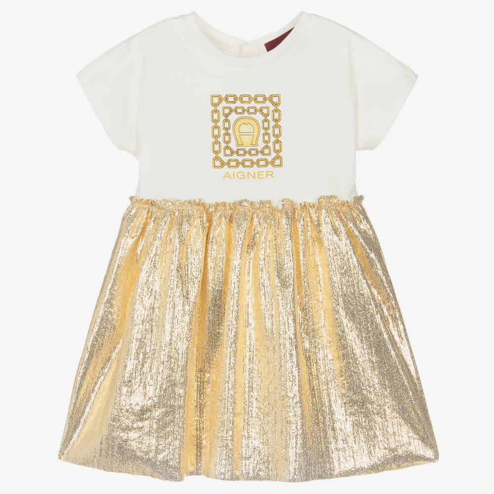 AIGNER - Girls Ivory & Gold Lurex Dress | Childrensalon