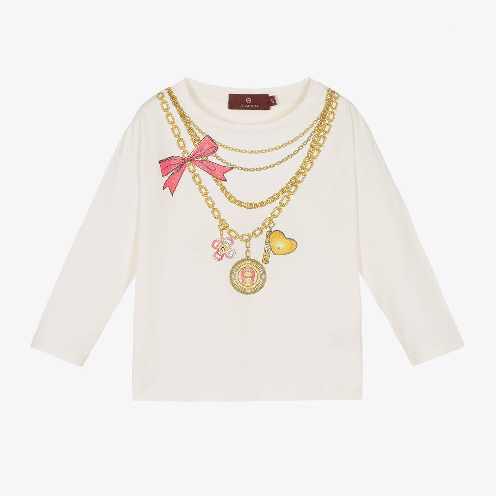 AIGNER - Girls Ivory & Gold Necklace Cotton Top | Childrensalon