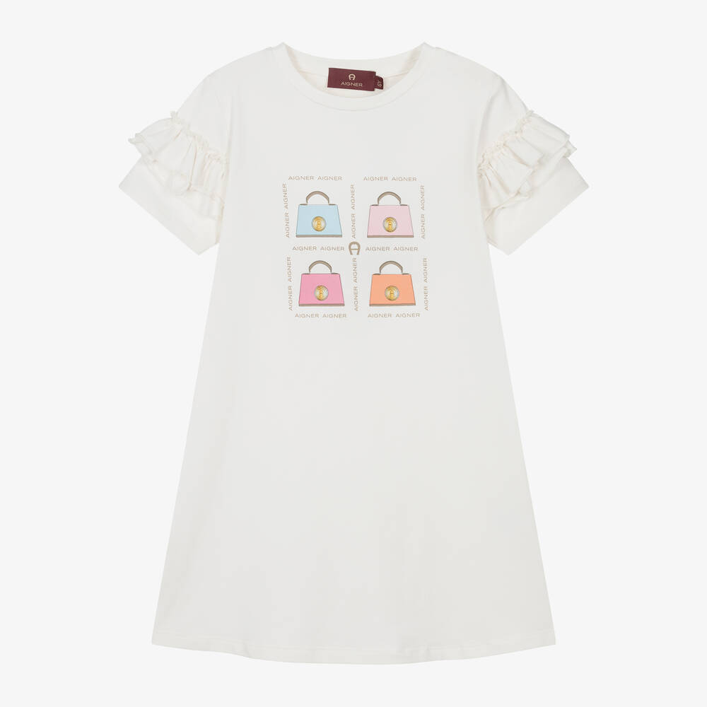 AIGNER - Girls Ivory Handbag Print Cotton Dress | Childrensalon