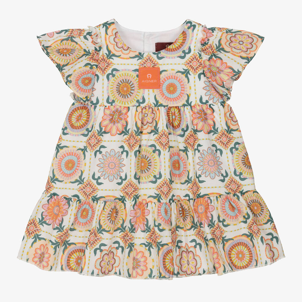 AIGNER - Girls Ivory & Orange Cotton Ruffle Dress | Childrensalon