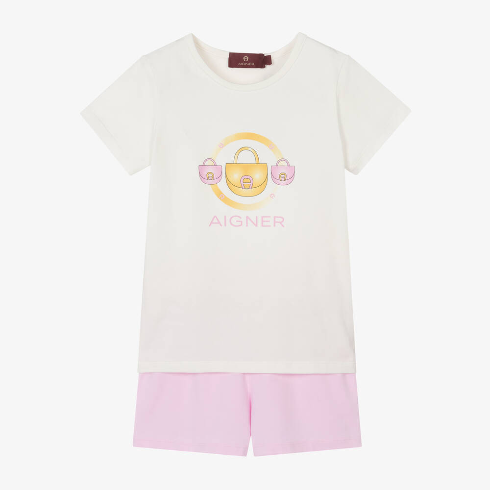 AIGNER - Girls Ivory & Pink Cotton Short Pyjamas | Childrensalon