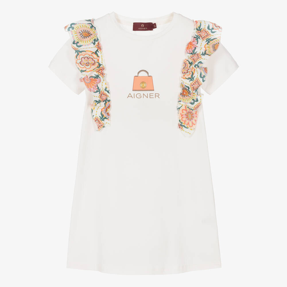 AIGNER - فستان قطن جيرسي لون عاجي مزين بكشكش | Childrensalon