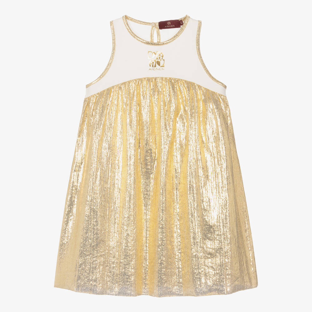 AIGNER - فستان جيرسي لون ذهبي متاليك وعاجي | Childrensalon