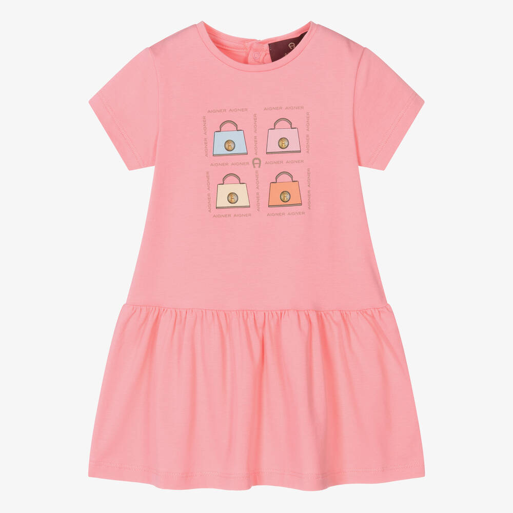 AIGNER - Girls Pink Cotton Handbag Print Dress | Childrensalon