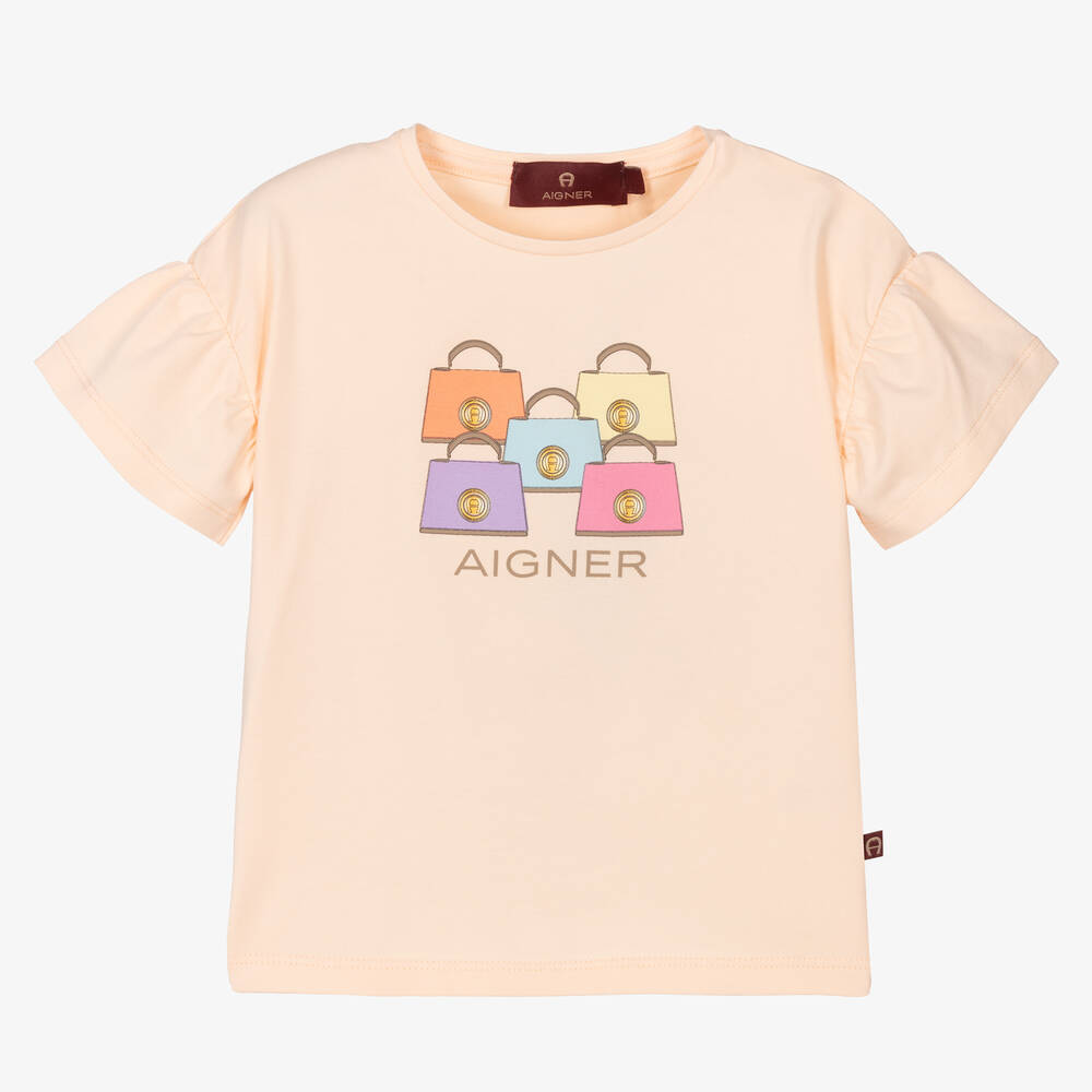 AIGNER - Розовая хлопковая футболка с принтом-сумкой для девочек | Childrensalon