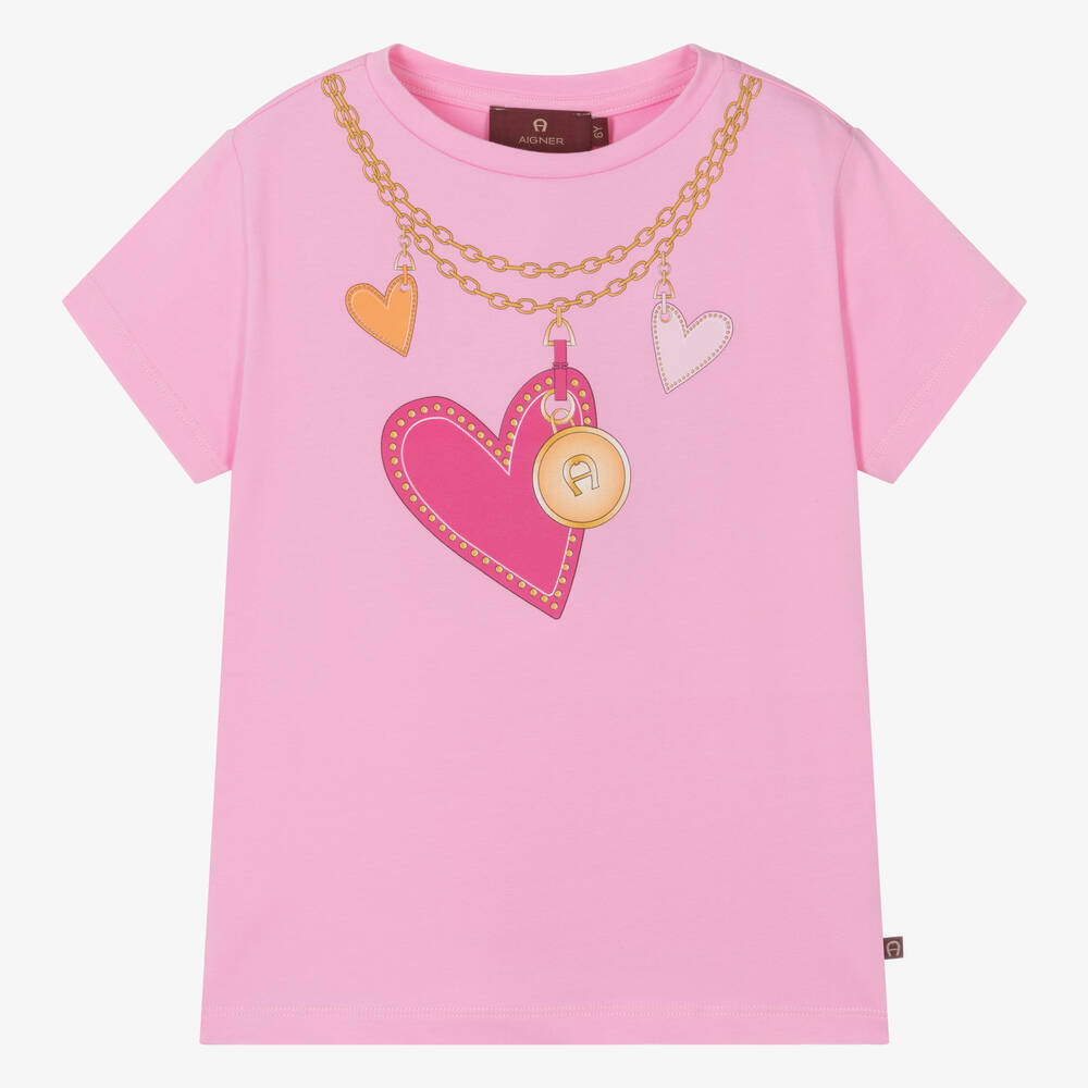 AIGNER - Розовая хлопковая футболка с сердечками на цепочке | Childrensalon