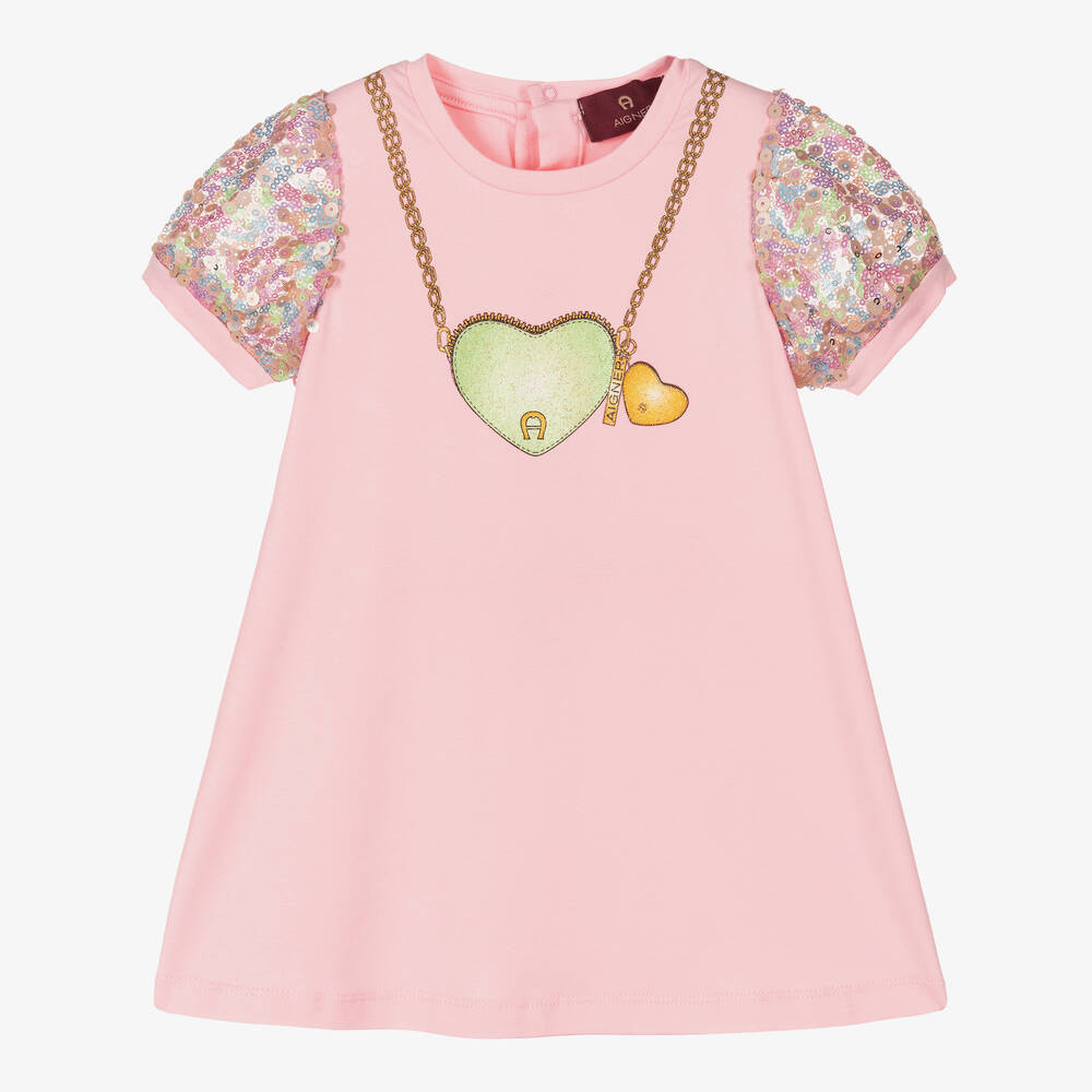 Aigner Babies'  Girls Pink Cotton Sequined Sleeve Dress