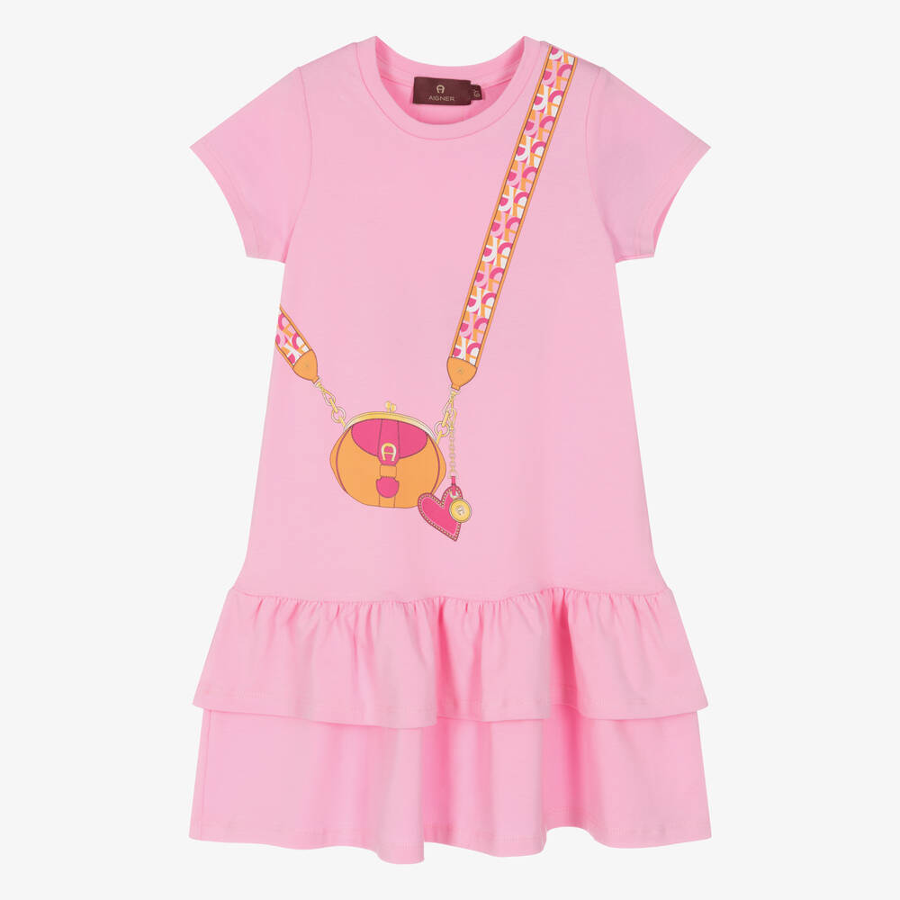 AIGNER - Girls Pink Handbag Print Cotton Dress | Childrensalon