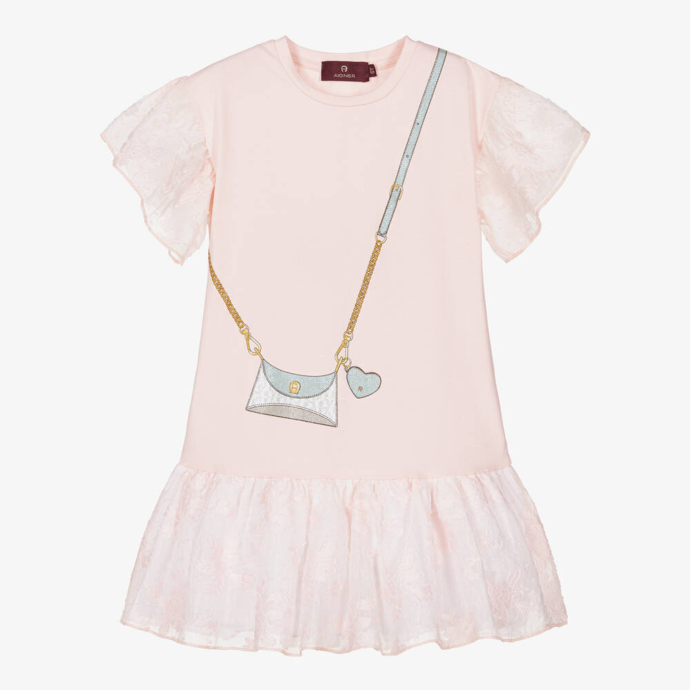 AIGNER - Розовое блестящее платье из хлопка с принтом-сумкой | Childrensalon