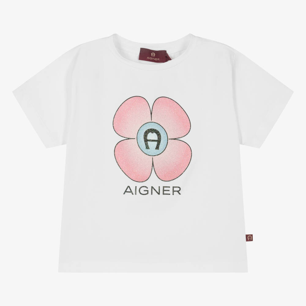 AIGNER - Girls White Cotton Flower T-Shirt | Childrensalon