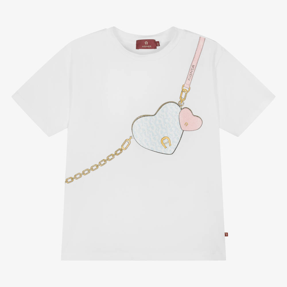 AIGNER - Girls White Cotton Handbag T-Shirt | Childrensalon