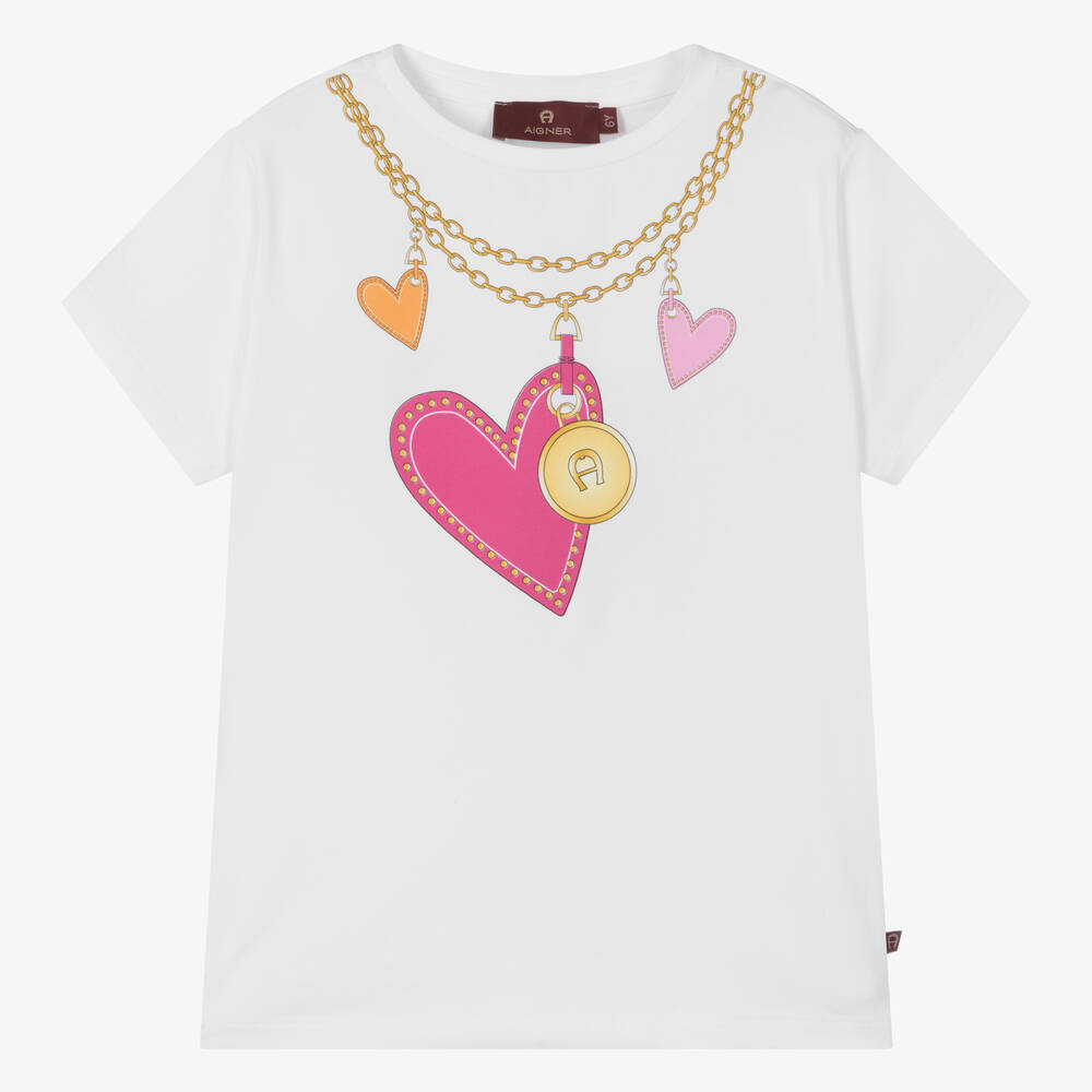 AIGNER - Girls White Cotton Heart & Chain T-Shirt | Childrensalon