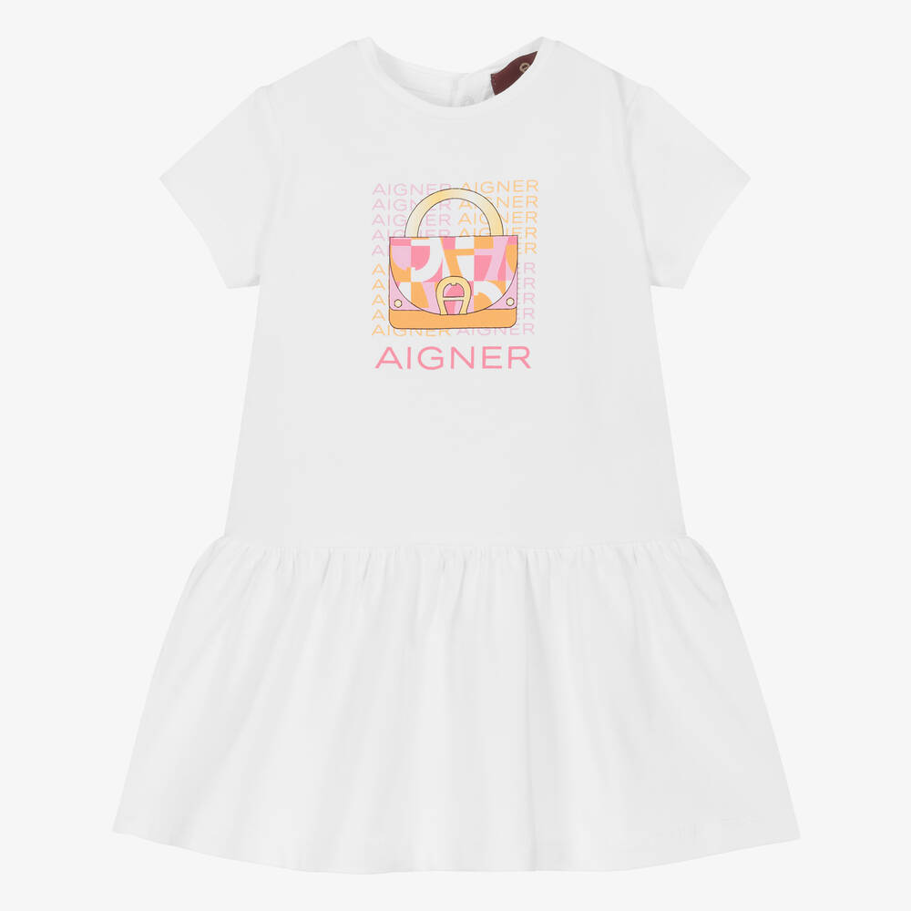 AIGNER - Girls White Cotton Jersey Dress | Childrensalon