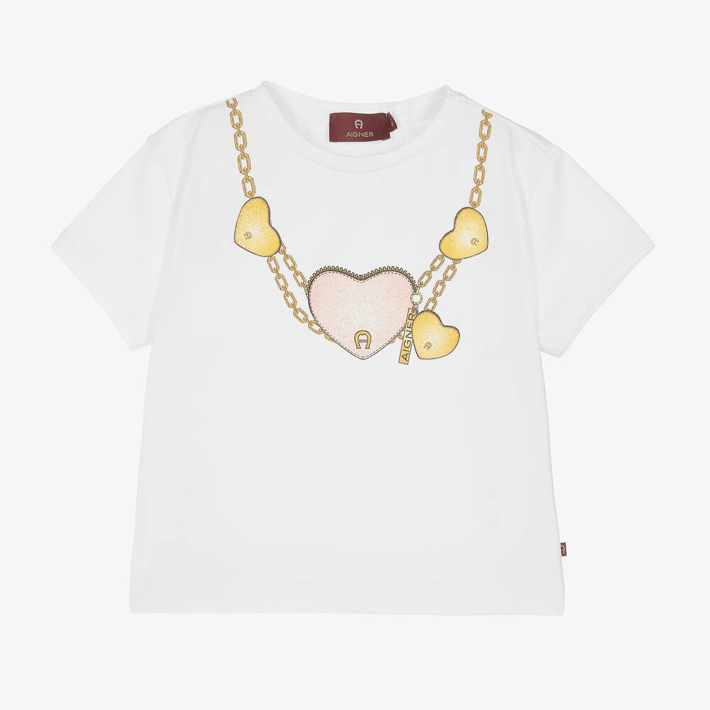 AIGNER - Girls White Cotton Necklace Print T-Shirt | Childrensalon