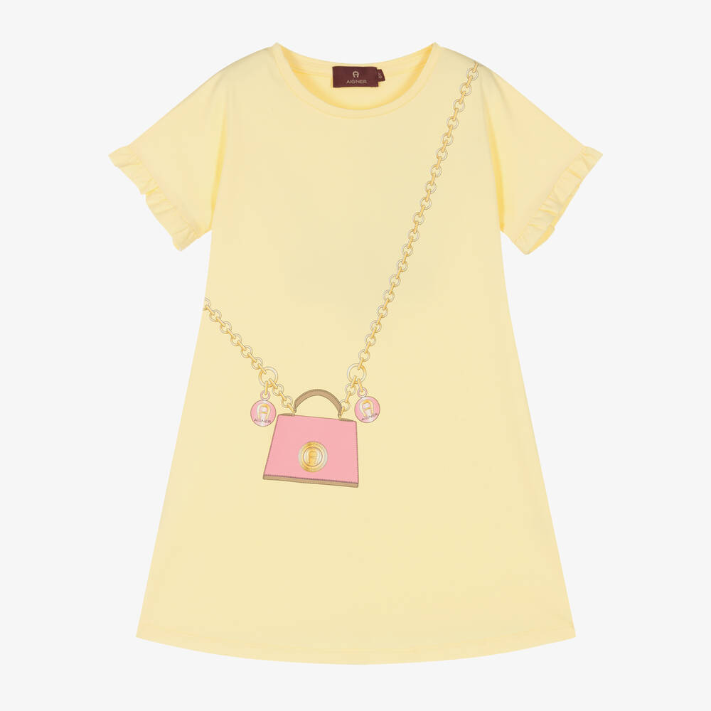 AIGNER - Girls Yellow Cotton Bag Print Dress | Childrensalon