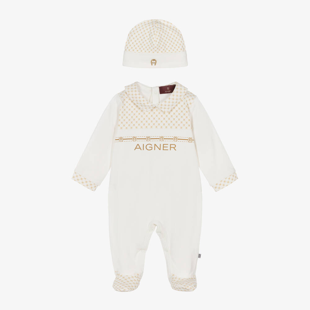 AIGNER - Ivory Pima Cotton Babygrow & Hat Set | Childrensalon