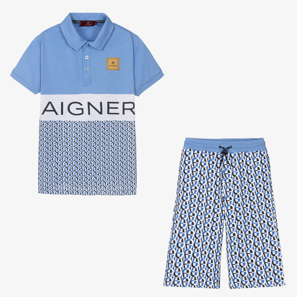 AIGNER - Teen Boys Blue Monogram Shorts Set | Childrensalon