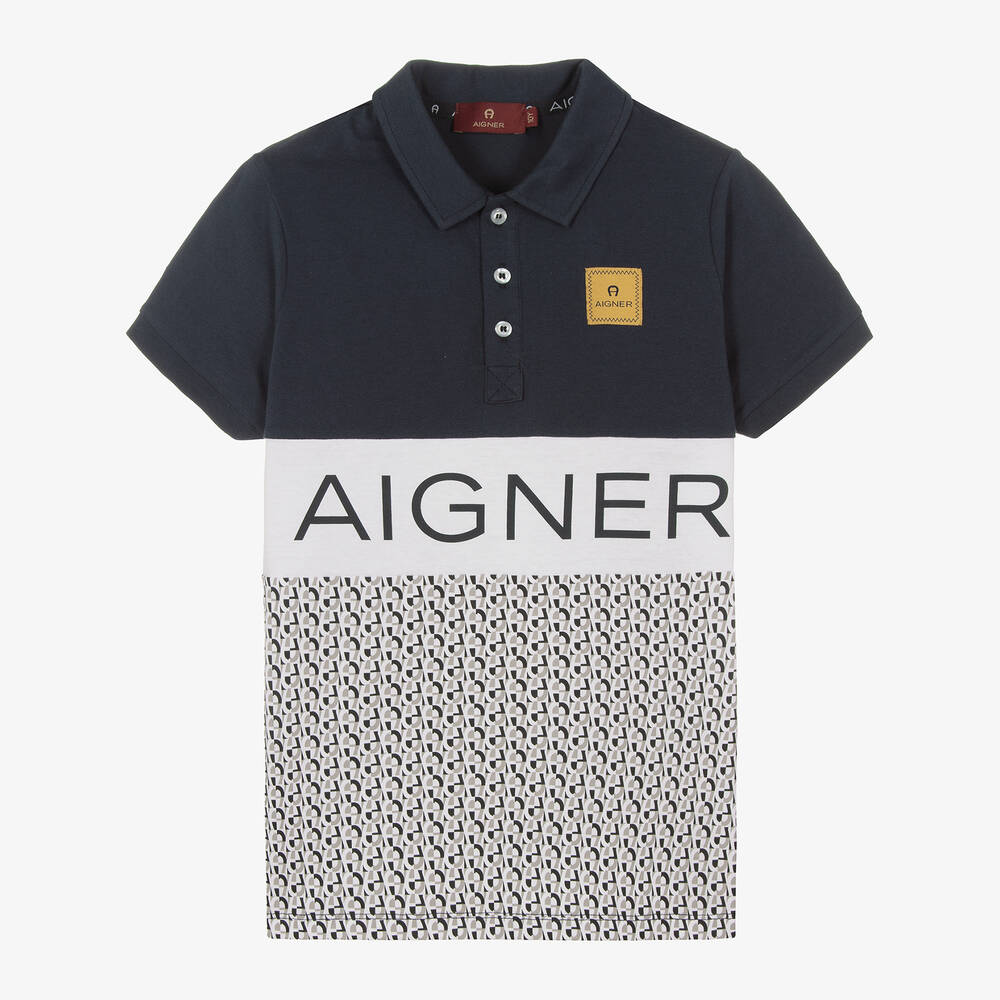 AIGNER - Teen Boys Blue & White Cotton Polo Shirt | Childrensalon
