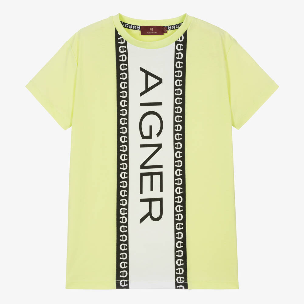 AIGNER - تيشيرت تينز ولادي قطن مقلم لون أخضر فاقع | Childrensalon