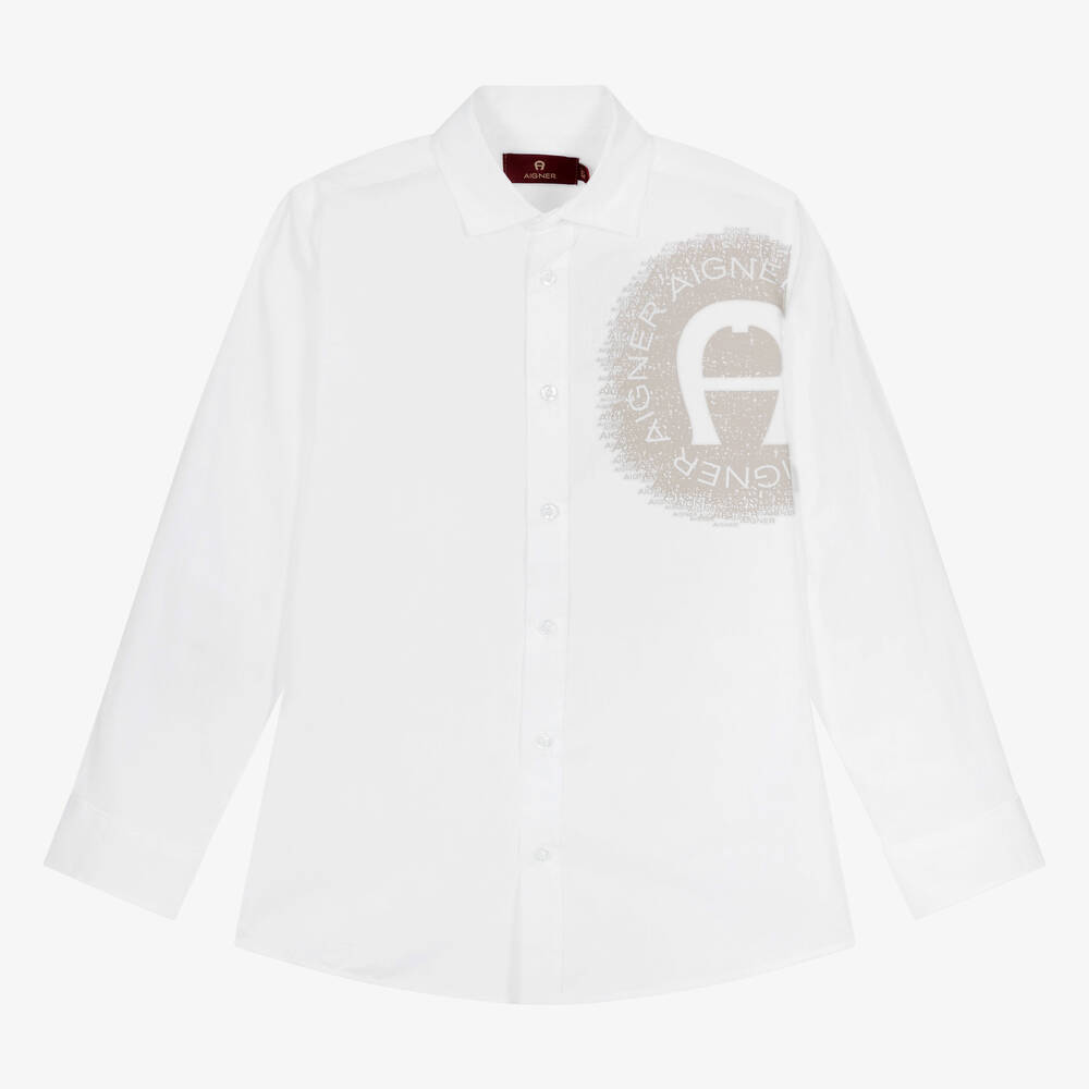 AIGNER - قميص قطن بوبلين لون أبيض وبيج للمراهقين | Childrensalon
