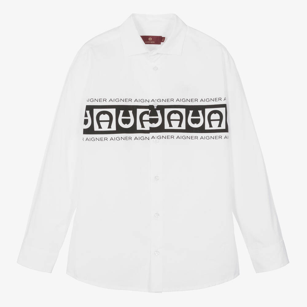 AIGNER - قميص تينز ولادي قطن بوبلين لون أبيض وأسود | Childrensalon
