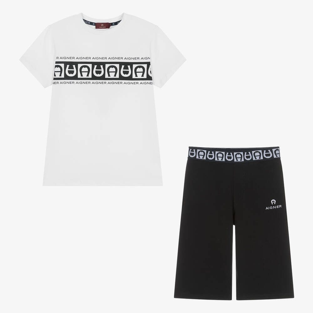 AIGNER - Белая футболка и черные шорты из хлопка для мальчиков-подростков | Childrensalon