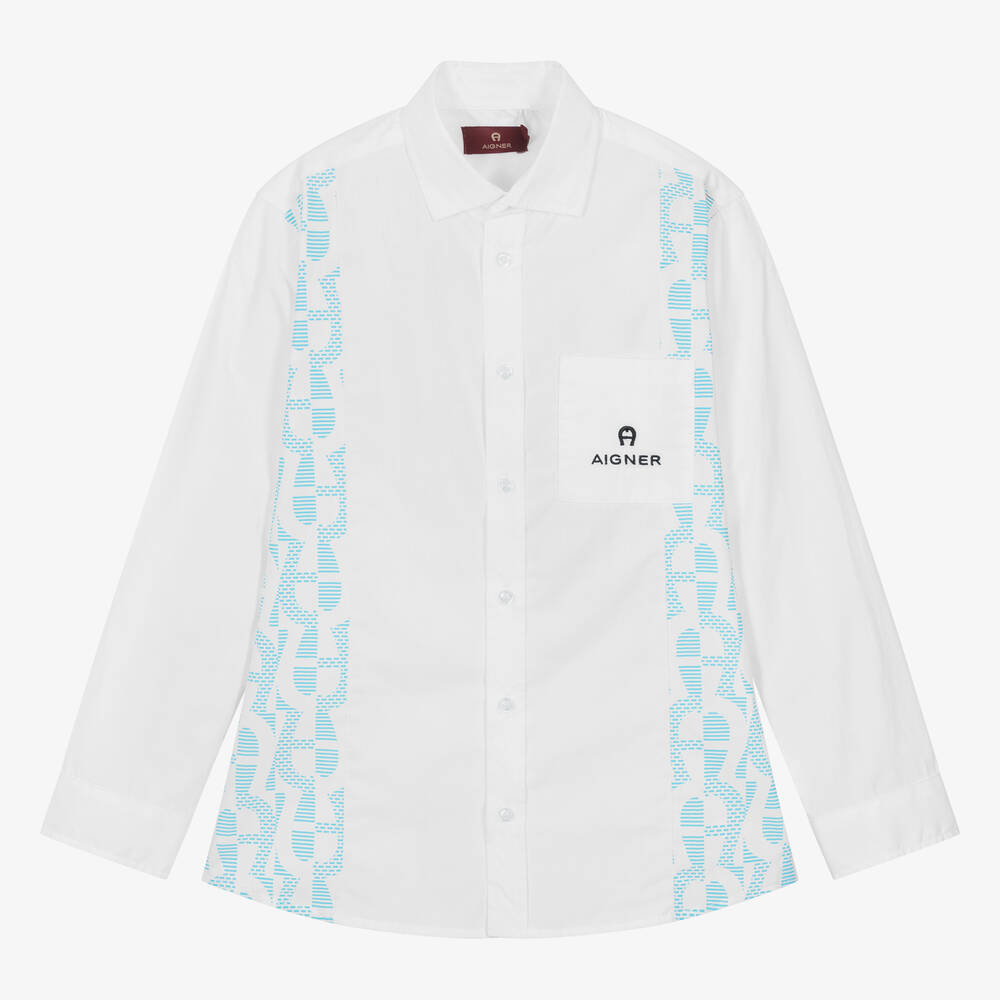 AIGNER - قميص قطن بوبلين لون أبيض وأزرق للمراهقين | Childrensalon