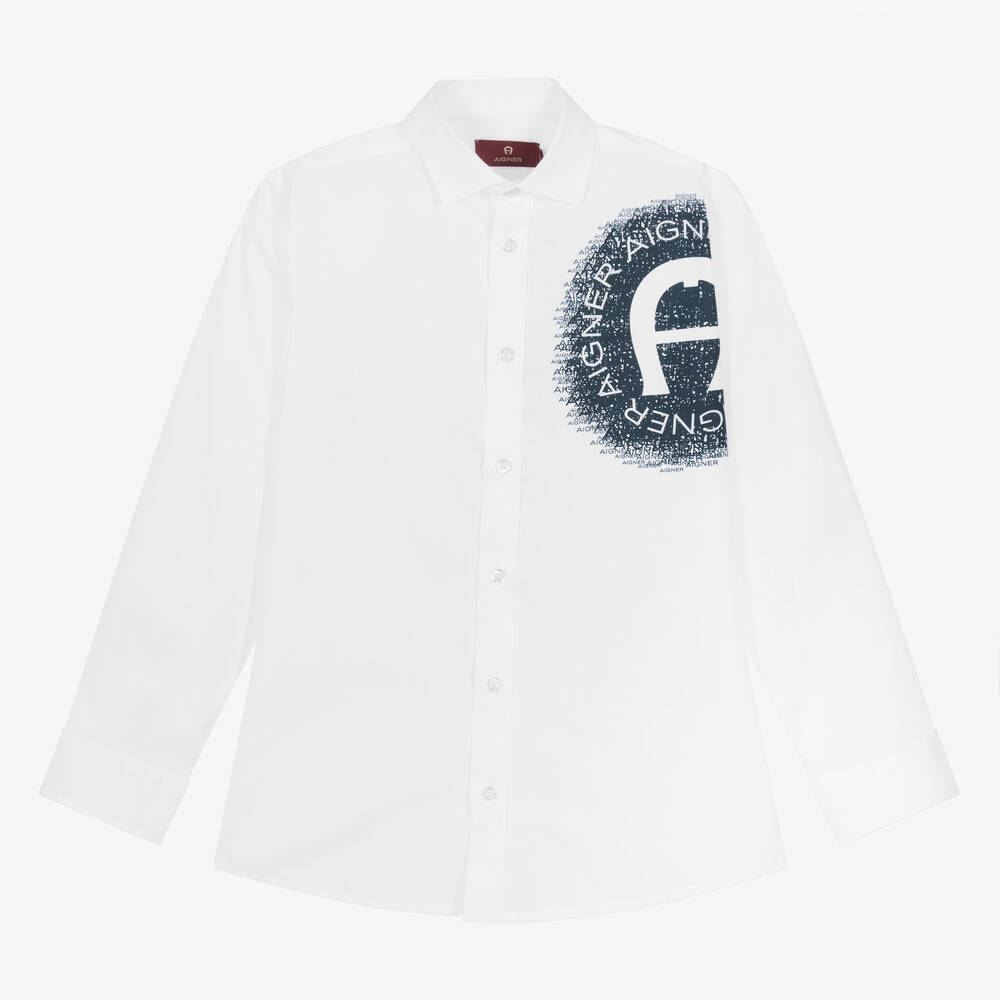 AIGNER - قميص قطن بوبلين لون أبيض وأزرق للمراهقين | Childrensalon