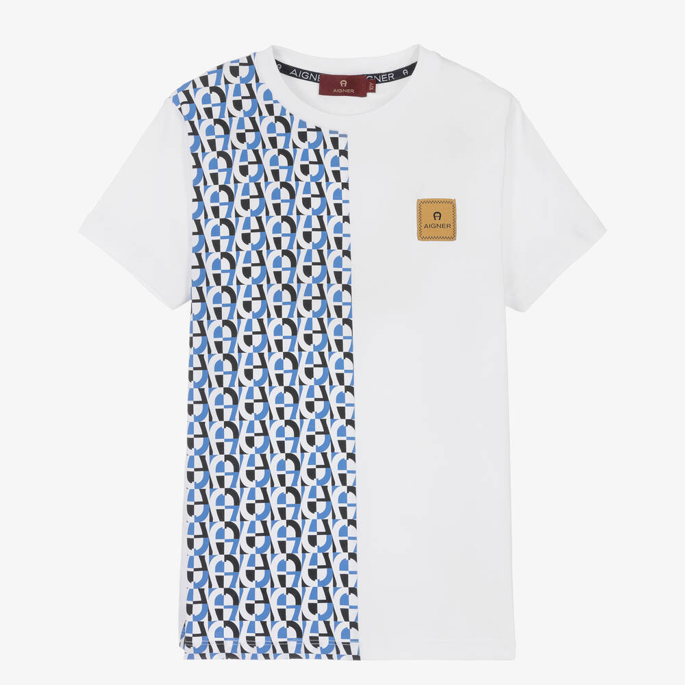 AIGNER - T-shirt blanc et bleu en coton ado | Childrensalon