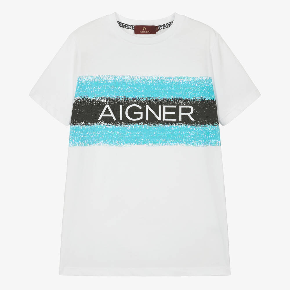 AIGNER - تيشيرت تينز ولادي قطن مقلم لون أبيض | Childrensalon