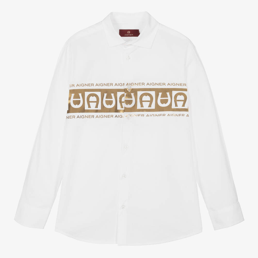 AIGNER - Бело-золотистая рубашка из хлопка для подростков | Childrensalon