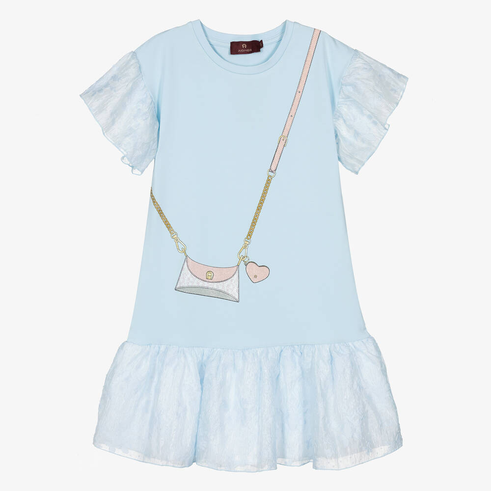 AIGNER - Голубое хлопковое платье с принтом-сумкой | Childrensalon