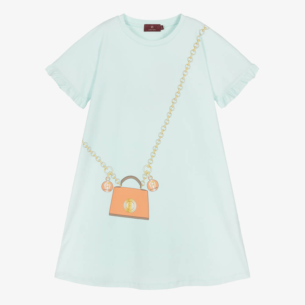 AIGNER - Голубое хлопковое платье с принтом-сумкой | Childrensalon