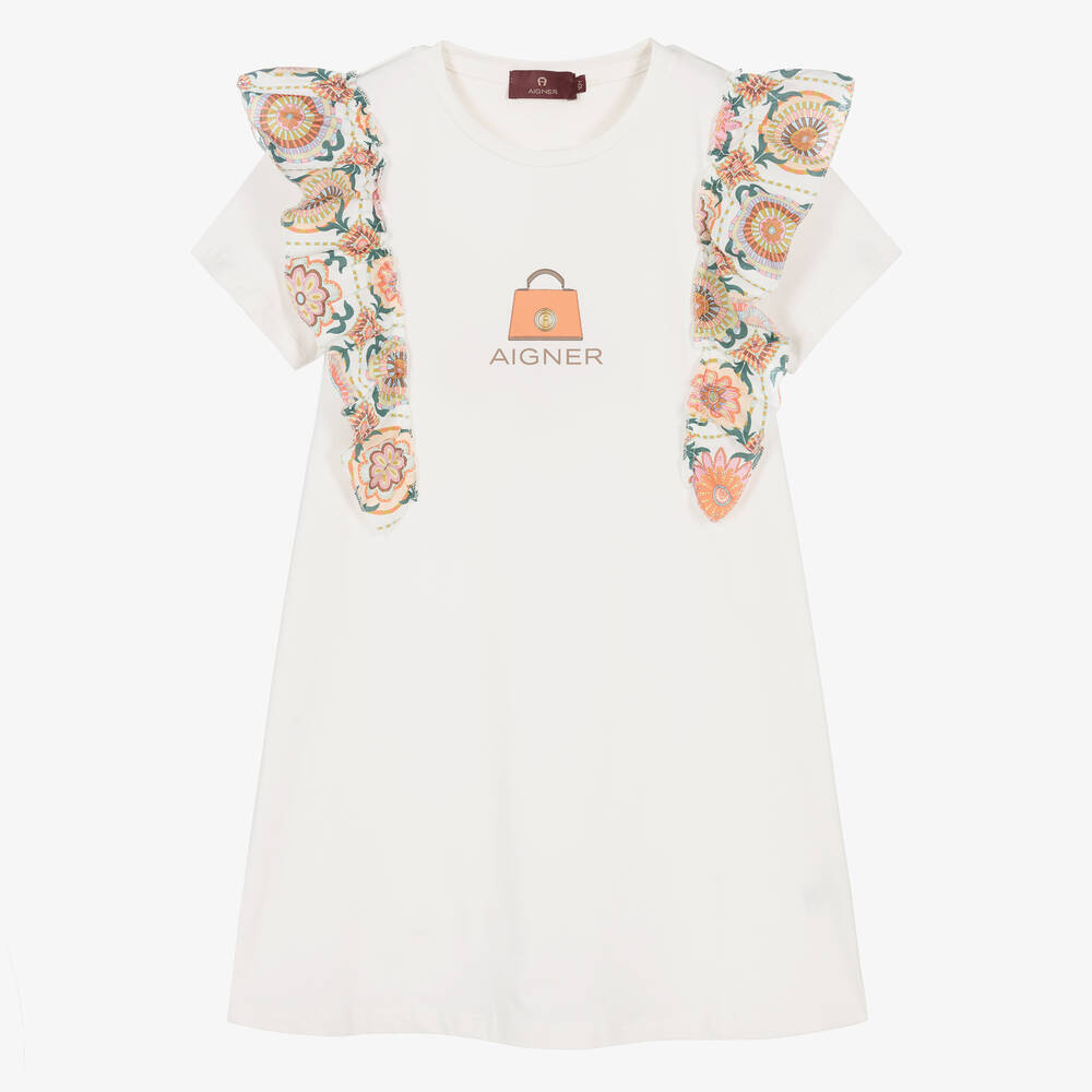 AIGNER - فستان تينز بناتي قطن بوبلين لون عاجي مزين بكشكش | Childrensalon