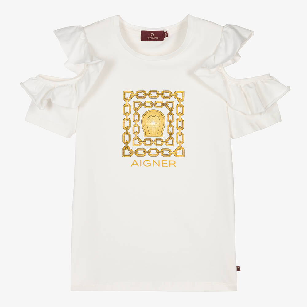 AIGNER AIGNER TEEN GIRLS IVORY & GOLD COTTON TOP