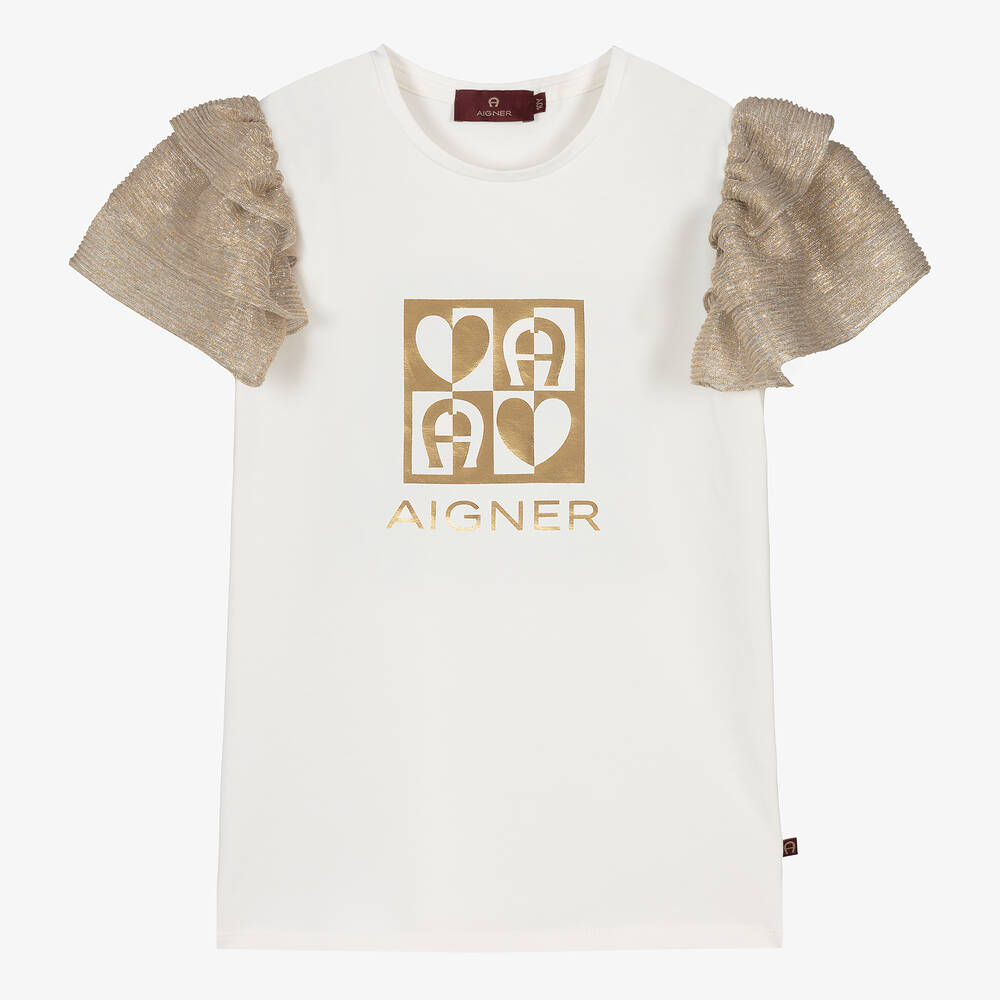 AIGNER - Кремовая футболка с золотистыми плиссированными рукавами | Childrensalon