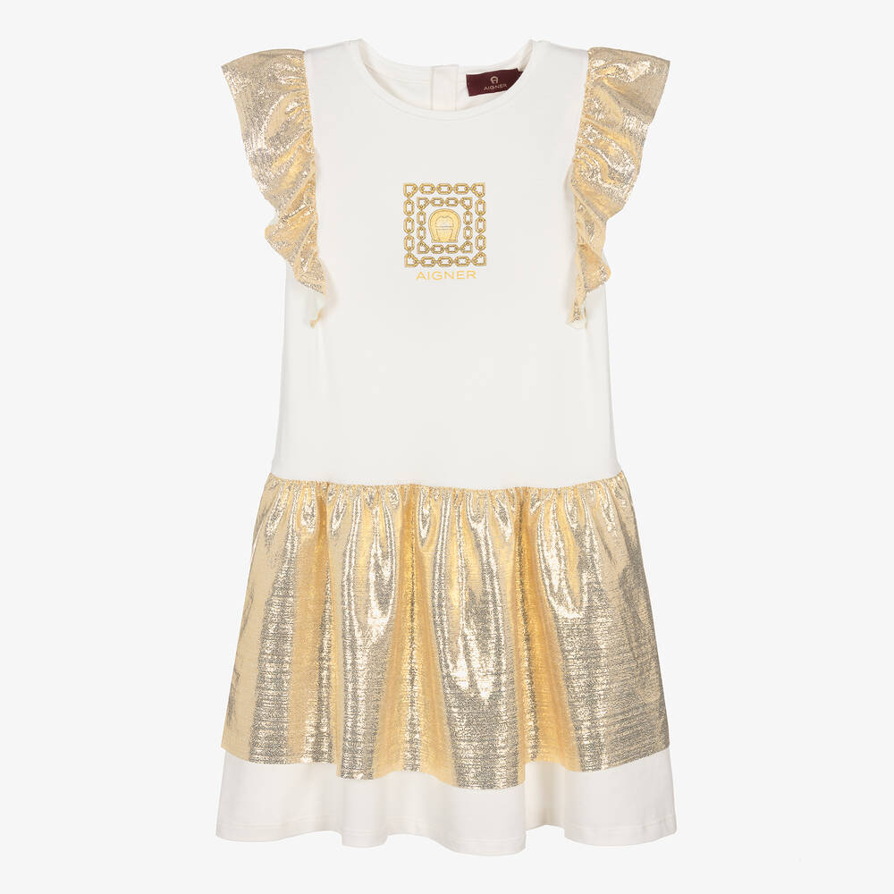 AIGNER - Teen Girls Ivory & Gold Ruffle Dress | Childrensalon