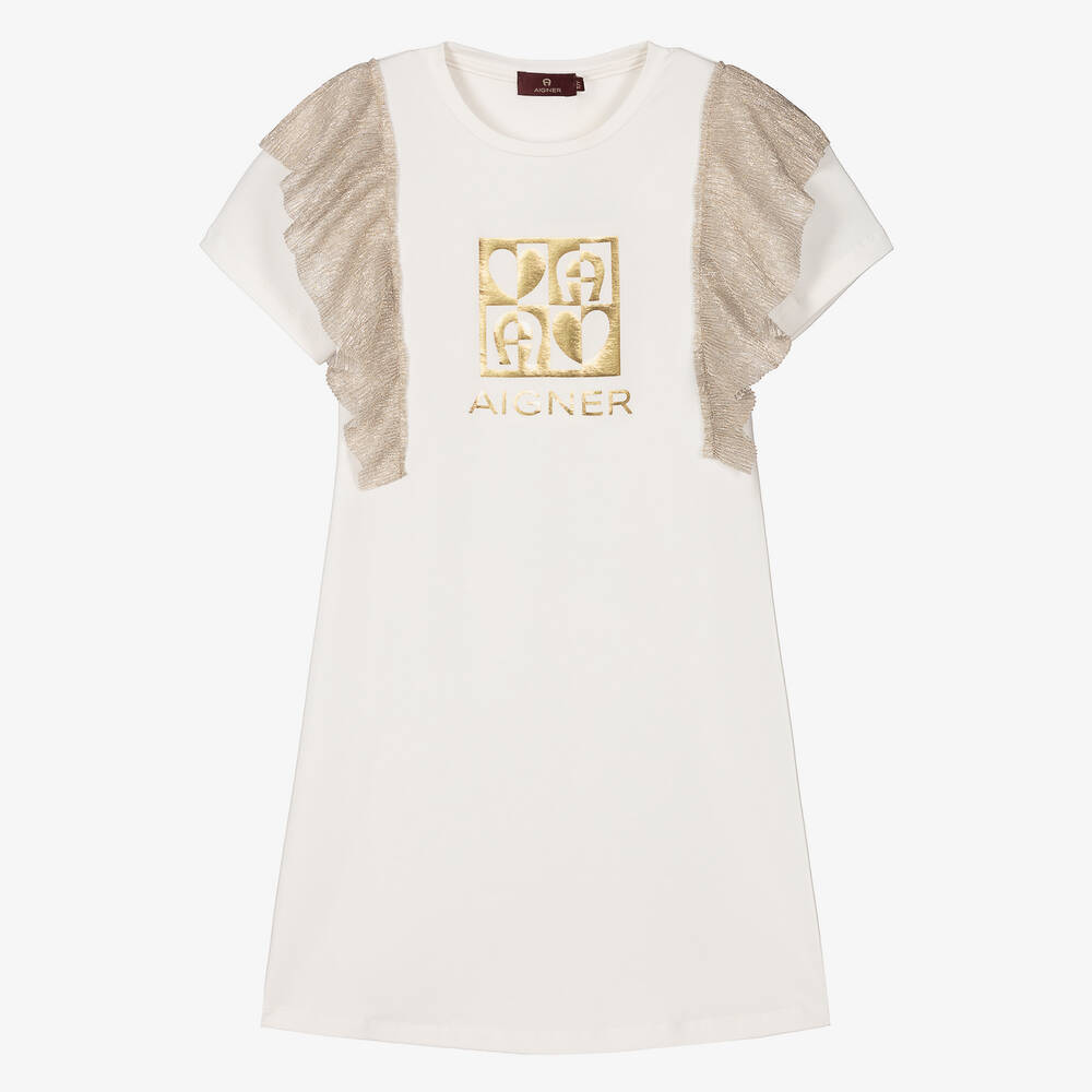 AIGNER - فستان قطن لون عاجي وذهبي متاليك للمراهقات | Childrensalon