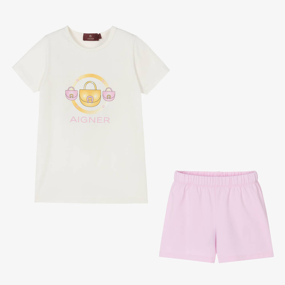 AIGNER - Teen Girls Ivory & Pink Cotton Short Pyjamas | Childrensalon