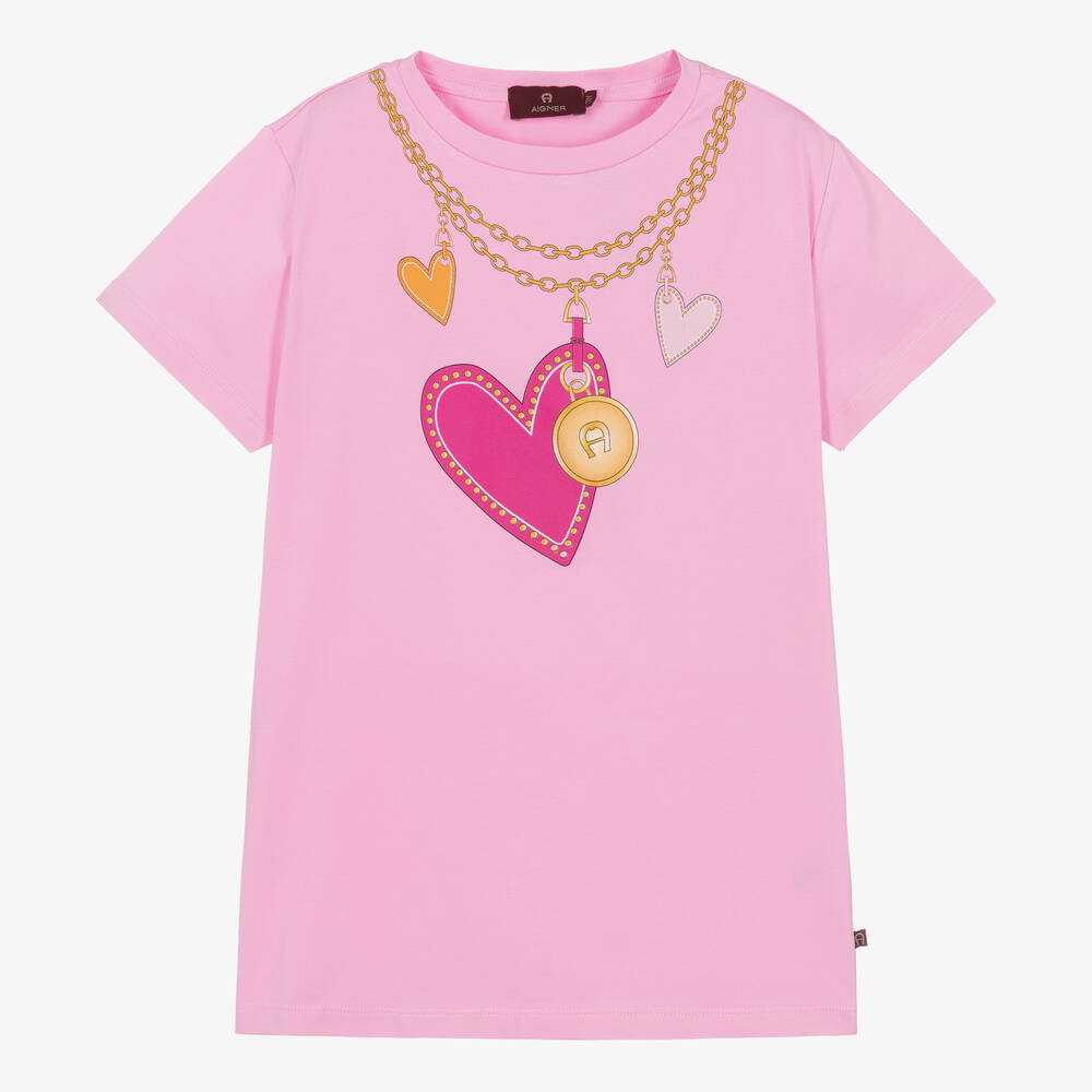 AIGNER - Розовая хлопковая футболка с принтом-ожерельем | Childrensalon