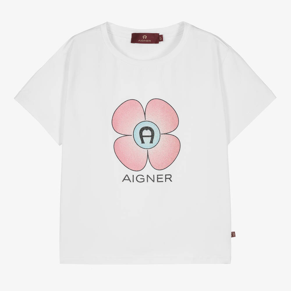 AIGNER - تيشيرت تينز بناتي قطن جيرسي لون أبيض | Childrensalon
