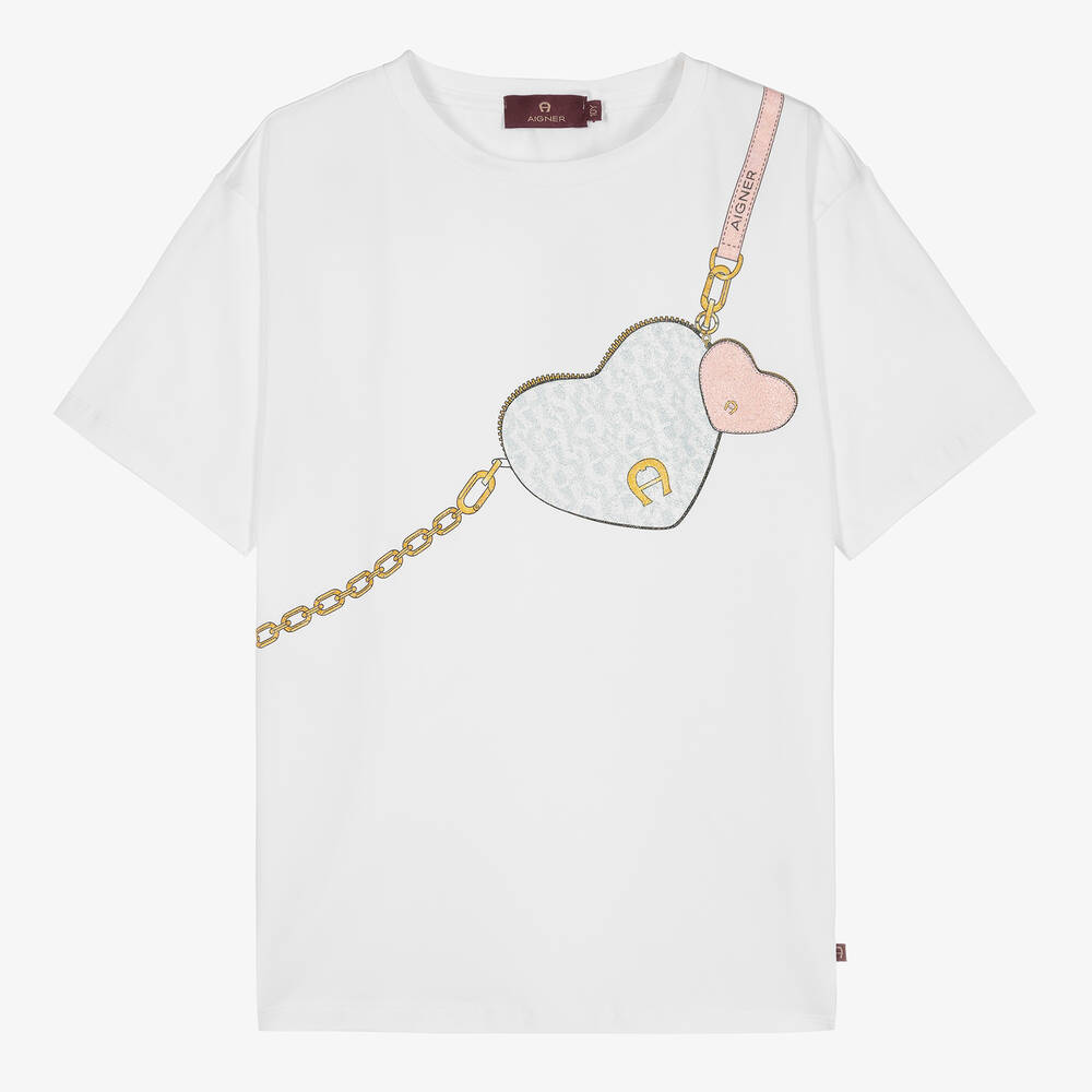 AIGNER - Teen Girls White Cotton Handbag T-Shirt | Childrensalon