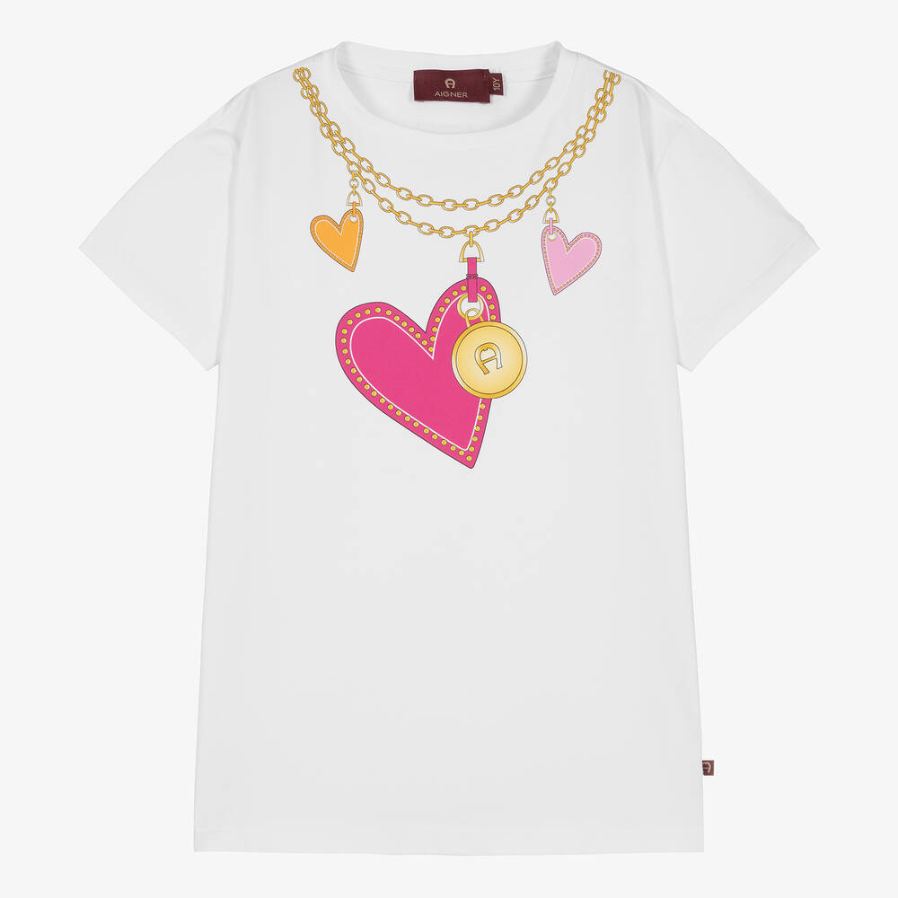AIGNER - Teen Girls White Cotton Heart T-Shirt | Childrensalon