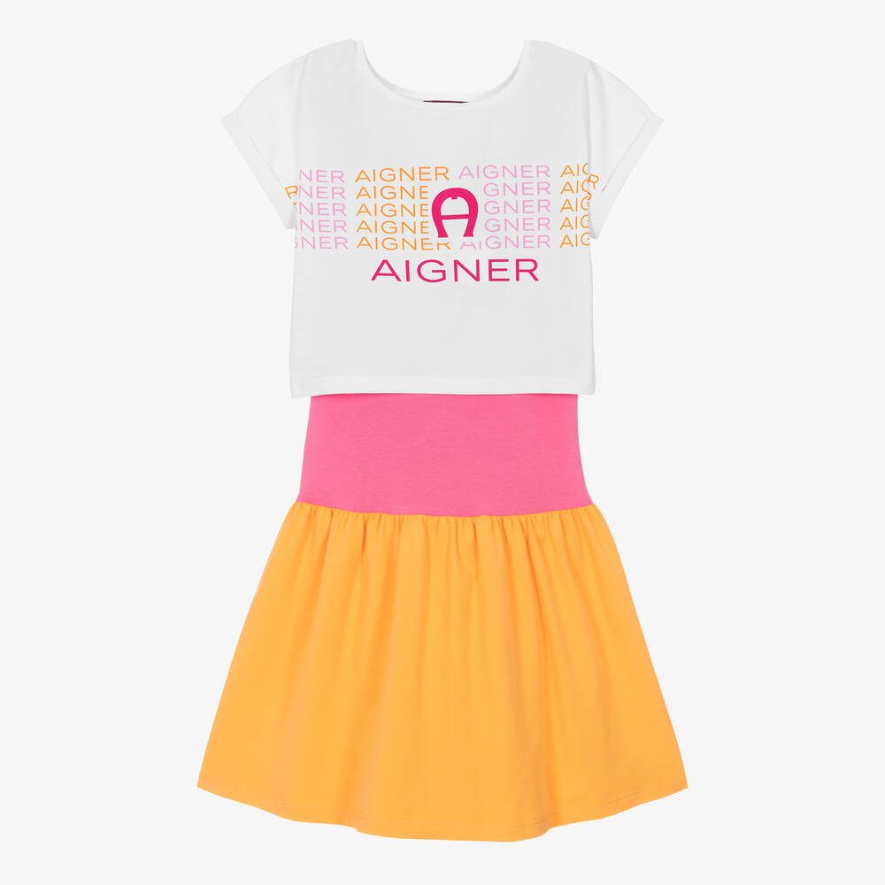 AIGNER - طقم فستان تينز بناتي قطن جيرسي لون أبيض وزهري | Childrensalon