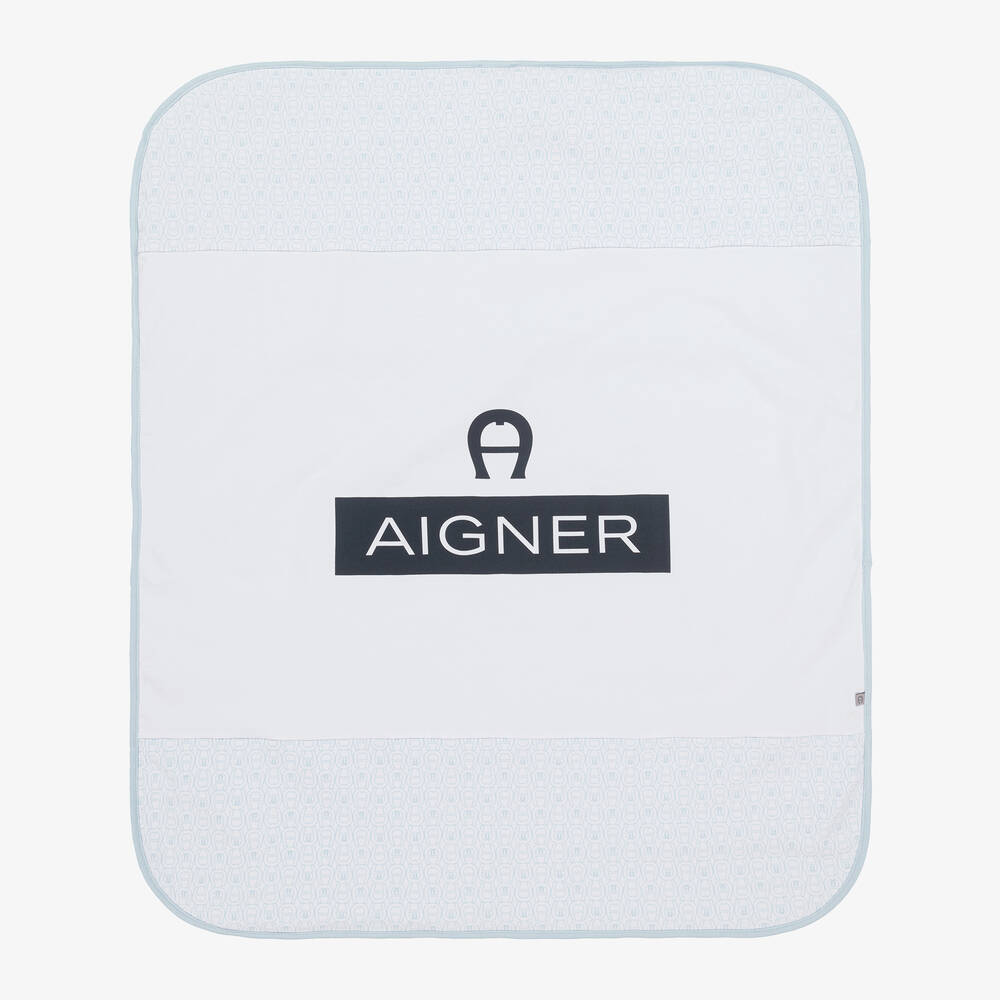 AIGNER - بطانية قطن بيما جيرسي لون أبيض وأزرق (90 سم) | Childrensalon