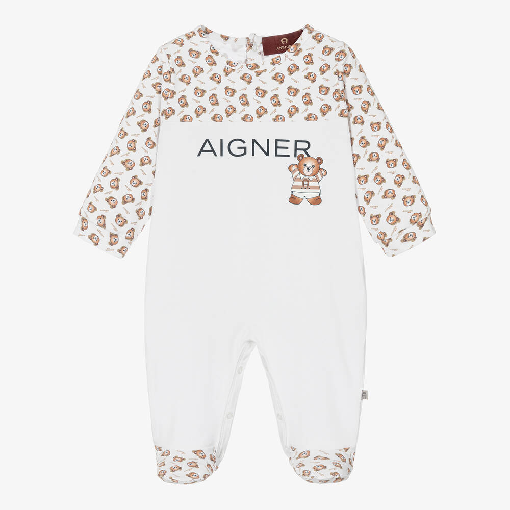 AIGNER - White Pima Cotton Teddy Bear Babygrow | Childrensalon