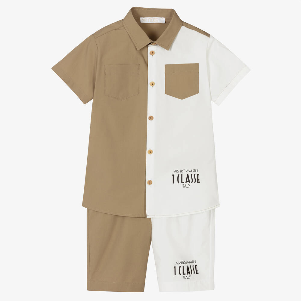 Alviero Martini - Бело-бежевая рубашка и шорты из хлопка для мальчиков | Childrensalon