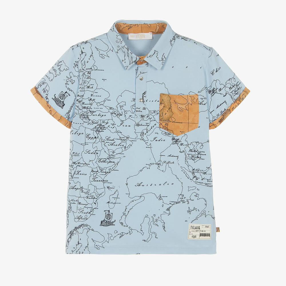 Alviero Martini - Boys Blue Geo Map Polo Shirt | Childrensalon
