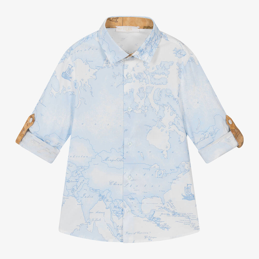 Alviero Martini - Boys Blue & White Cotton Geo Map Shirt | Childrensalon