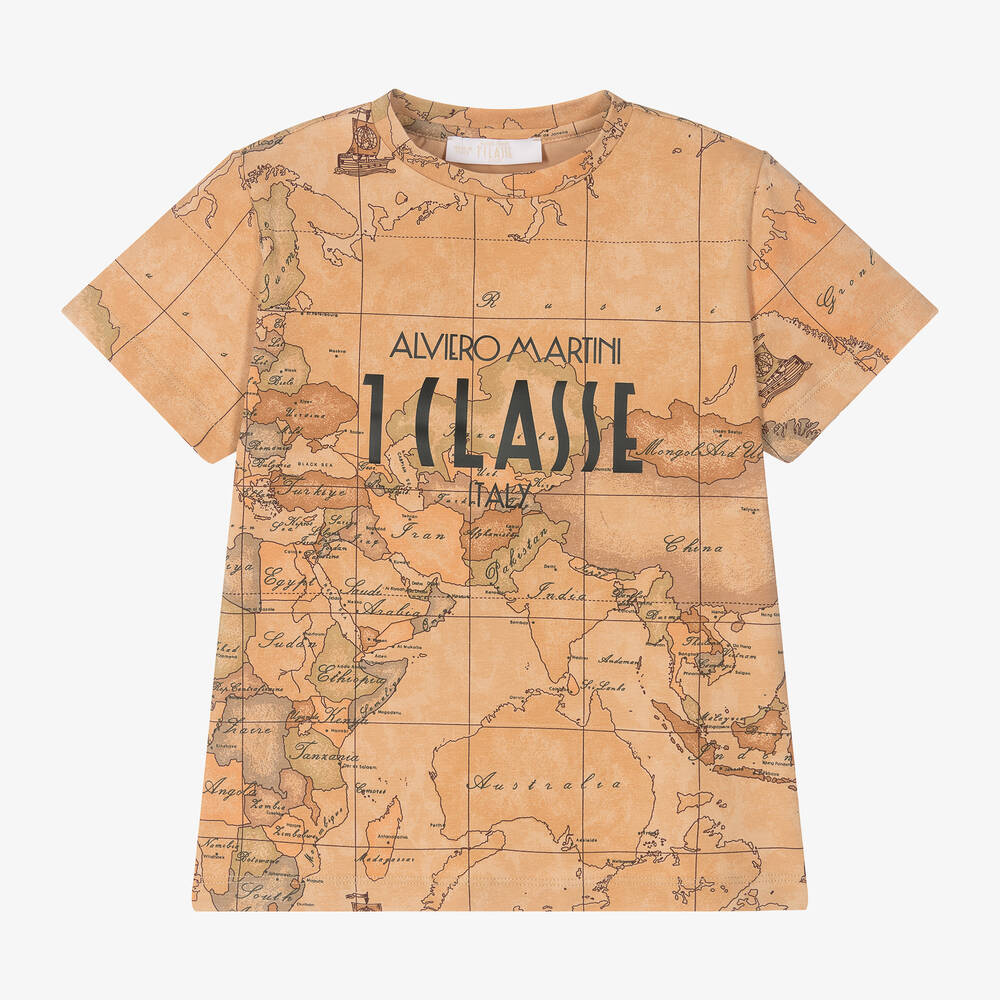 Alviero Martini - Boys Dark Beige Geo Map Cotton T-Shirt | Childrensalon